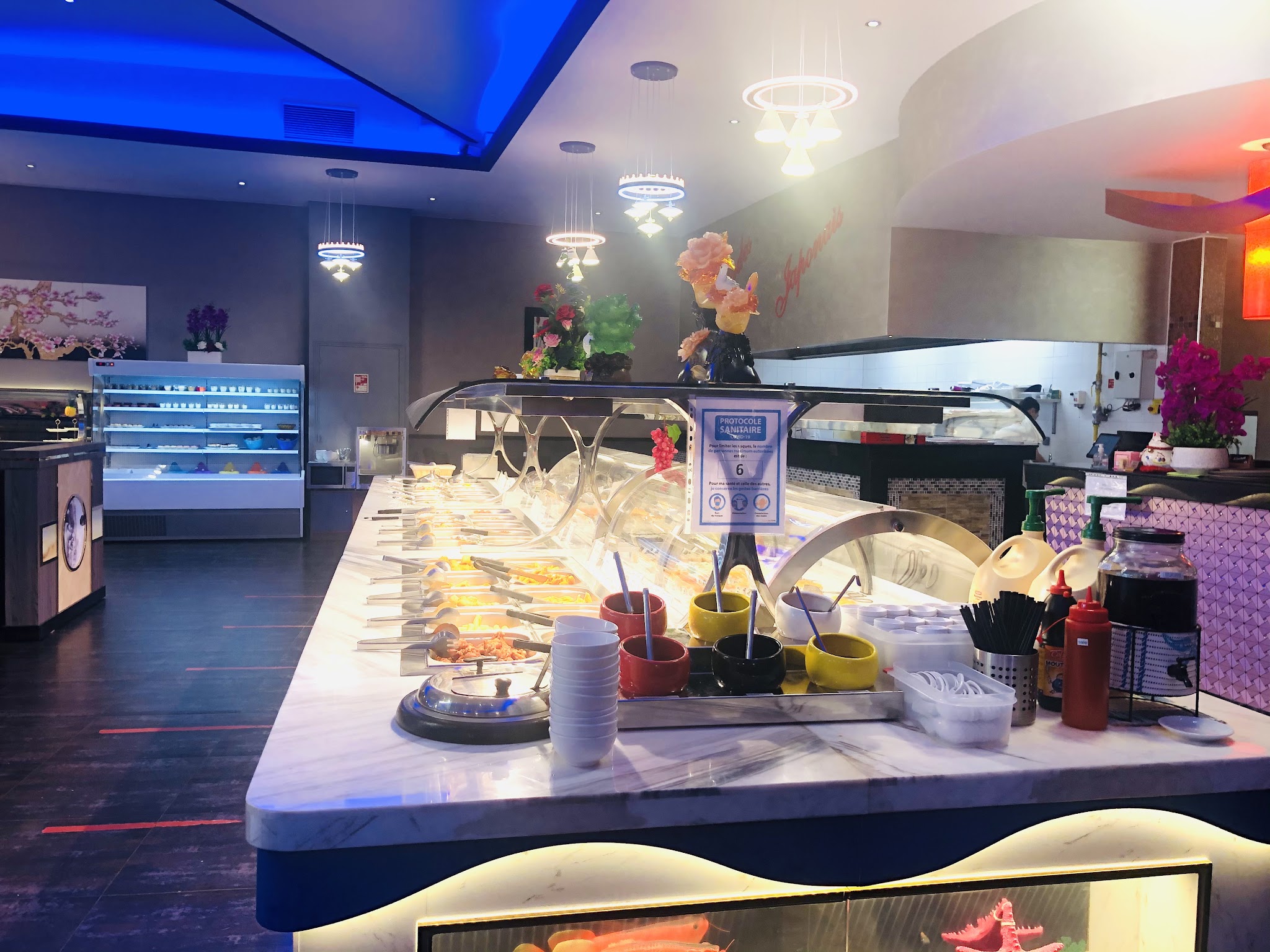 Buffet counter and dining area at the restaurant