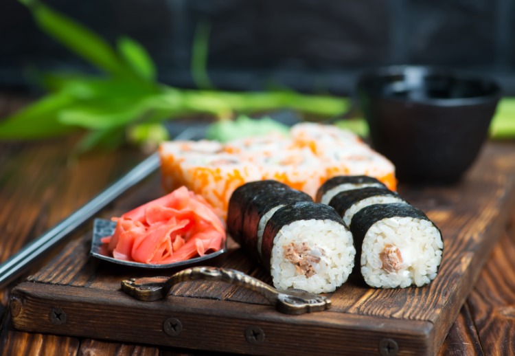 Maki rolls on a wooden board